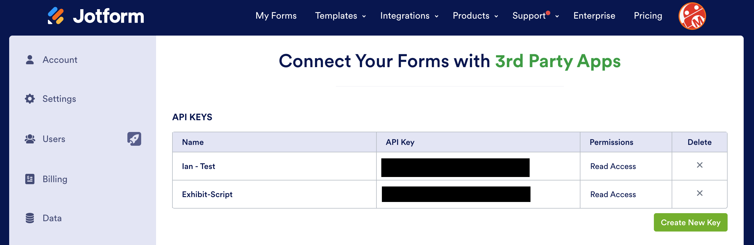 Jotform API key screen