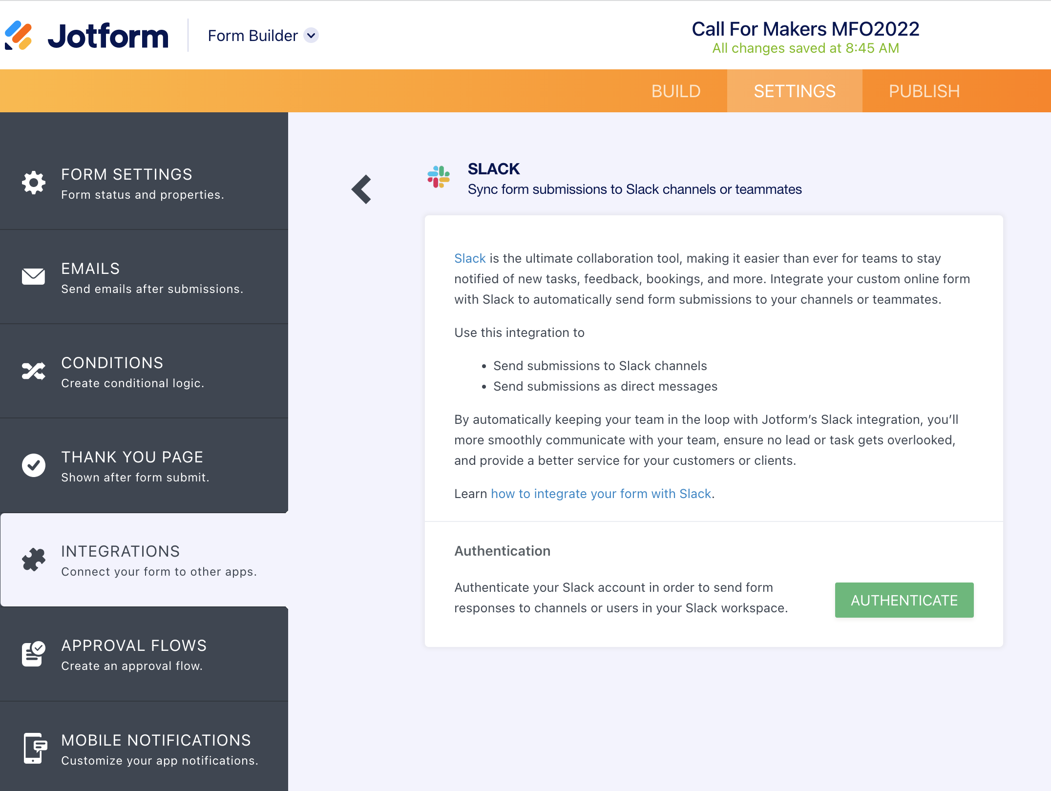 Jotform Slack Integration - Start